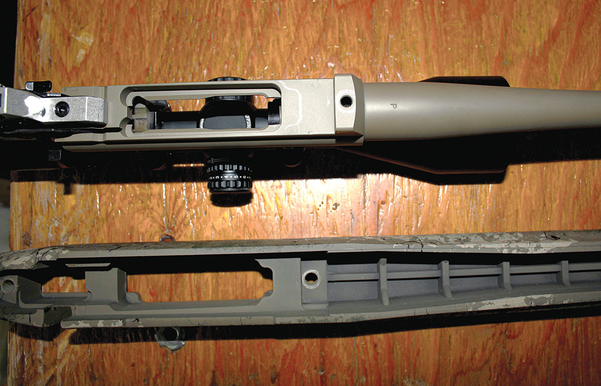 The new Fence Line series from Howa includes a synthetic stock with aluminum pillars and a solid recoil lug. Notice the trigger’s adjustment mechanism (far left) is dabbed with sealant to discourage user adjustment.
